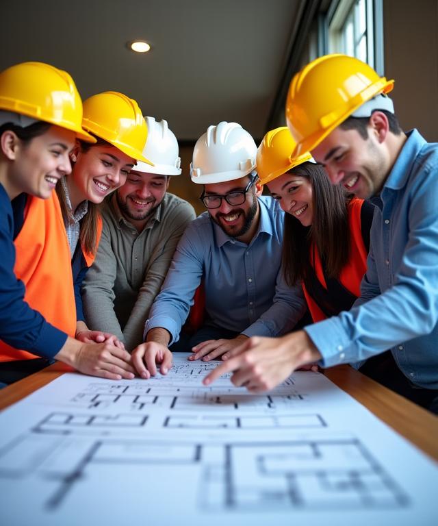 The Oakhart Renovations team collaborating over architectural blueprints.